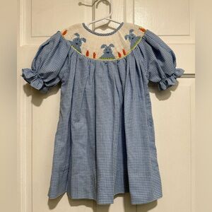 4 Easter Girls Smocked Short Sleeve Dress Size Blue Rabbit Bunny Carrot